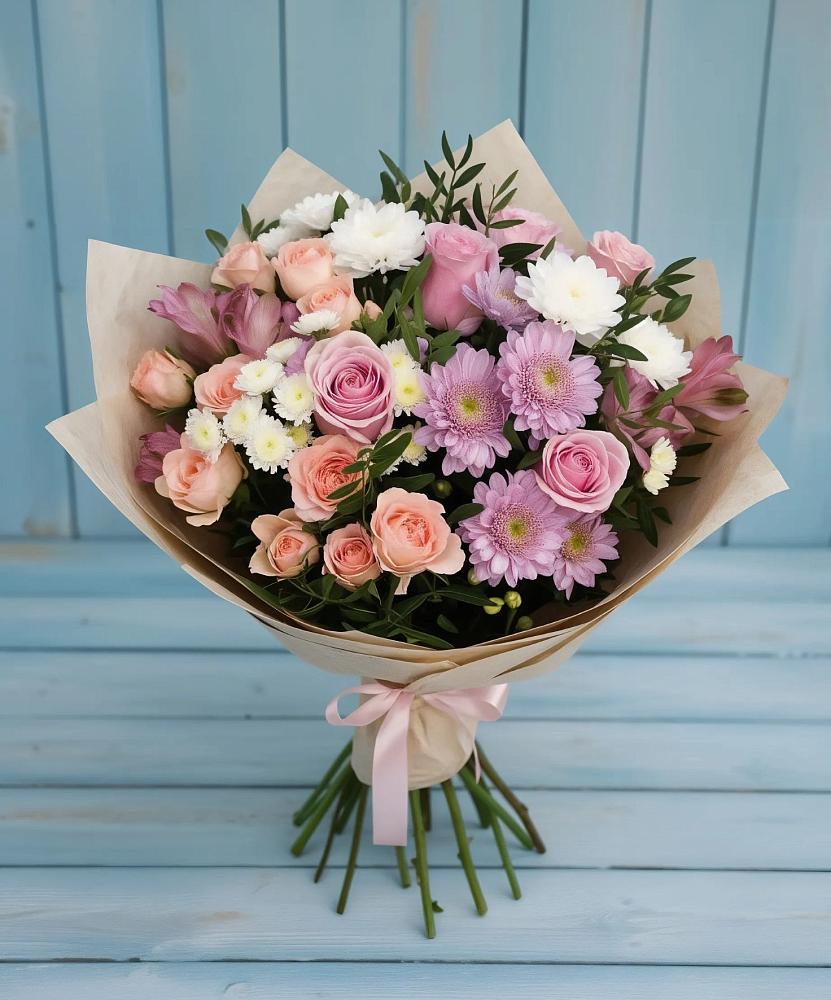 Букет цветов из: Хризантемы, Розы и Альстромерии в Пестяках