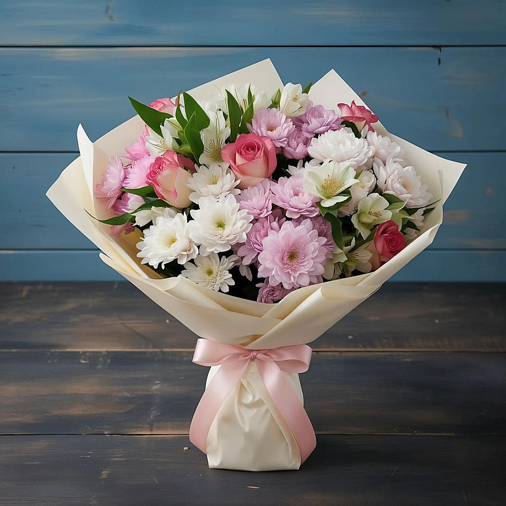 Букет цветов из: Хризантемы, Альстромерии и Розы в Пестяках